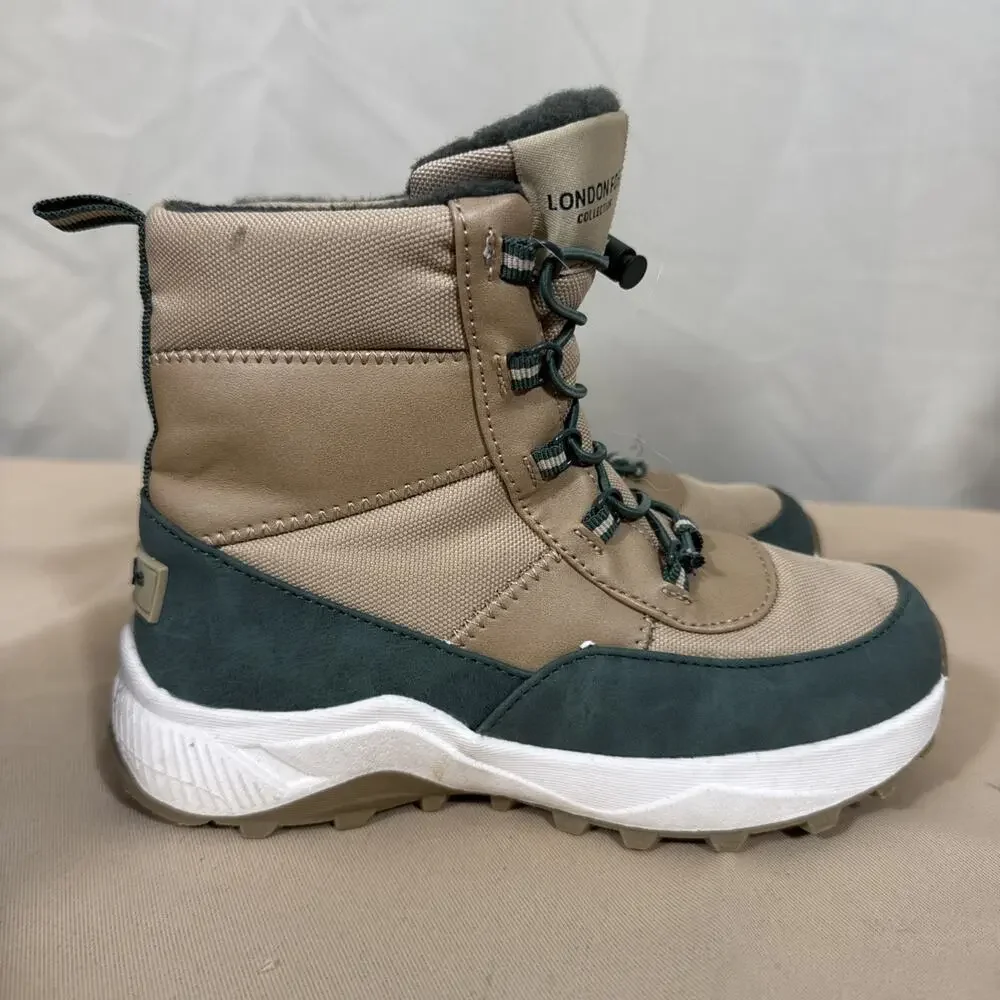 London Fog Kids Size 12 Winter Boots Tan Green Bungee Lace Hiking Snow Outdoor